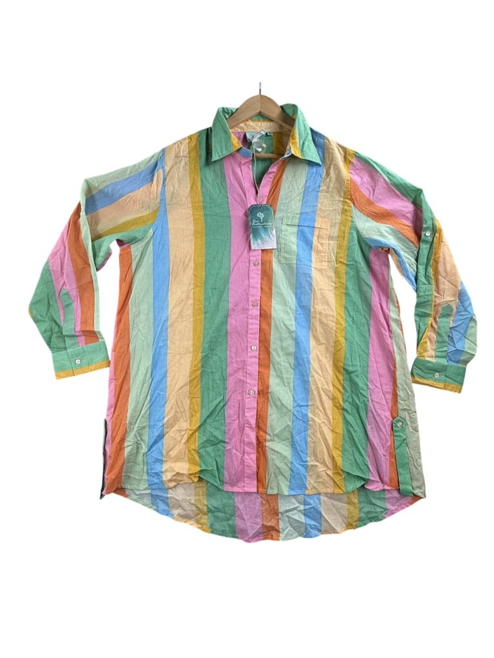 True Destinations Shirt Womens XL Multicolor Stripe Button Up Tunic Resort Wear